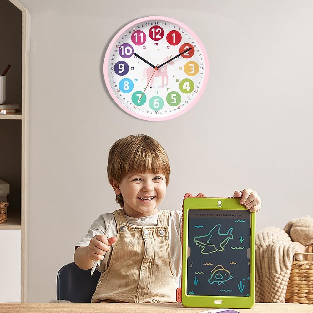 Kinderklok voor kinderen met kleurrijke leerklok en geruisloze muurklok van 25 cm voor jongens en meisjes