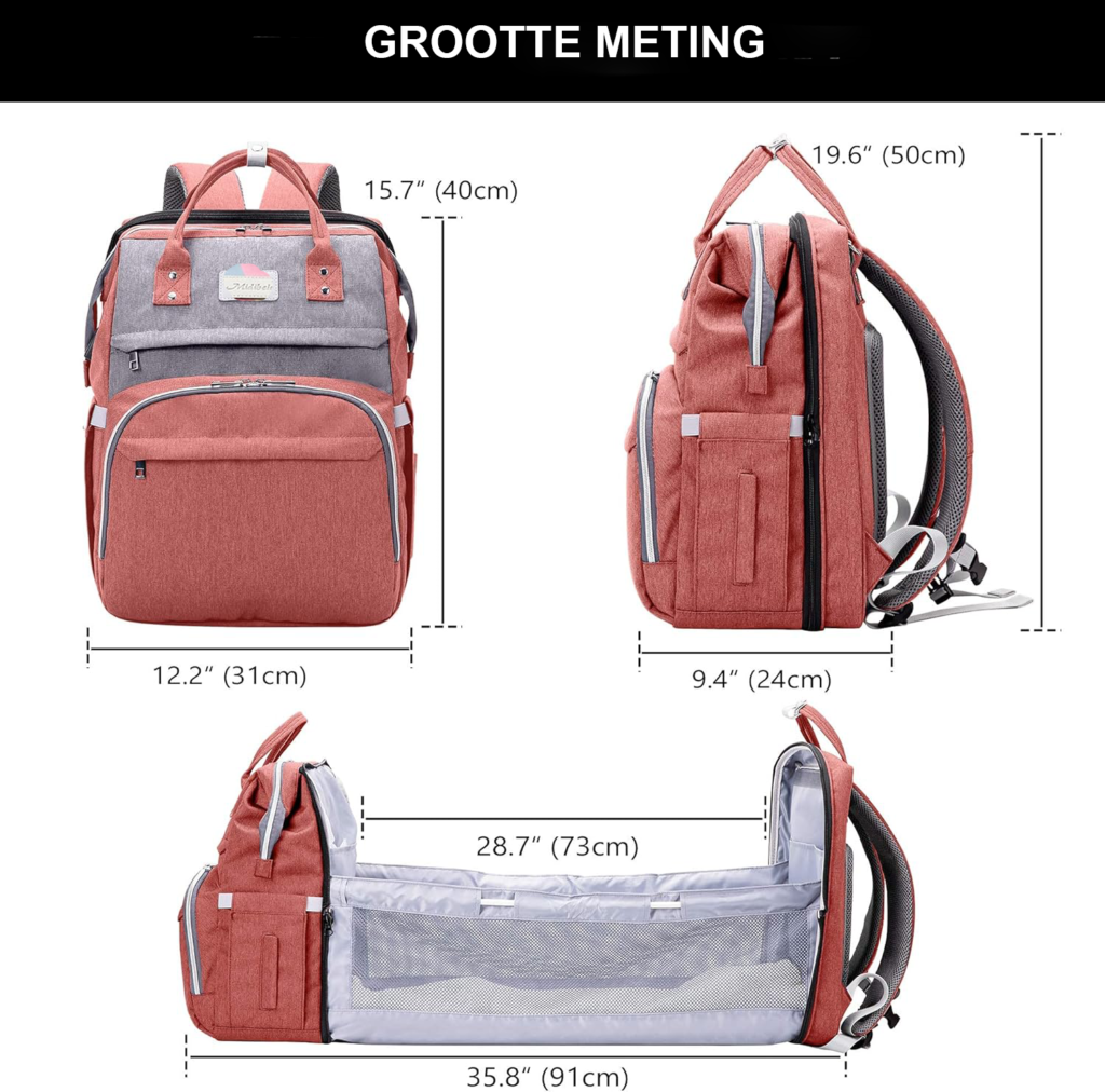 Luiertas Rugzak Grote Capaciteit - Baby Verzorgingstas Met Opvouwbaar Babybed - Draagbare Reisluiertas - Roze En Grijs