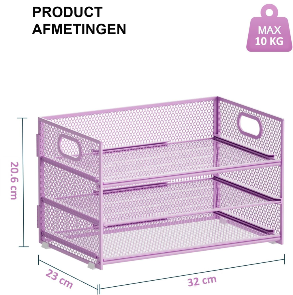 Bureau organizer 3 lagen paars met handgreep - mesh documentenbak en bureau opberger voor thuiswerk en accessoires