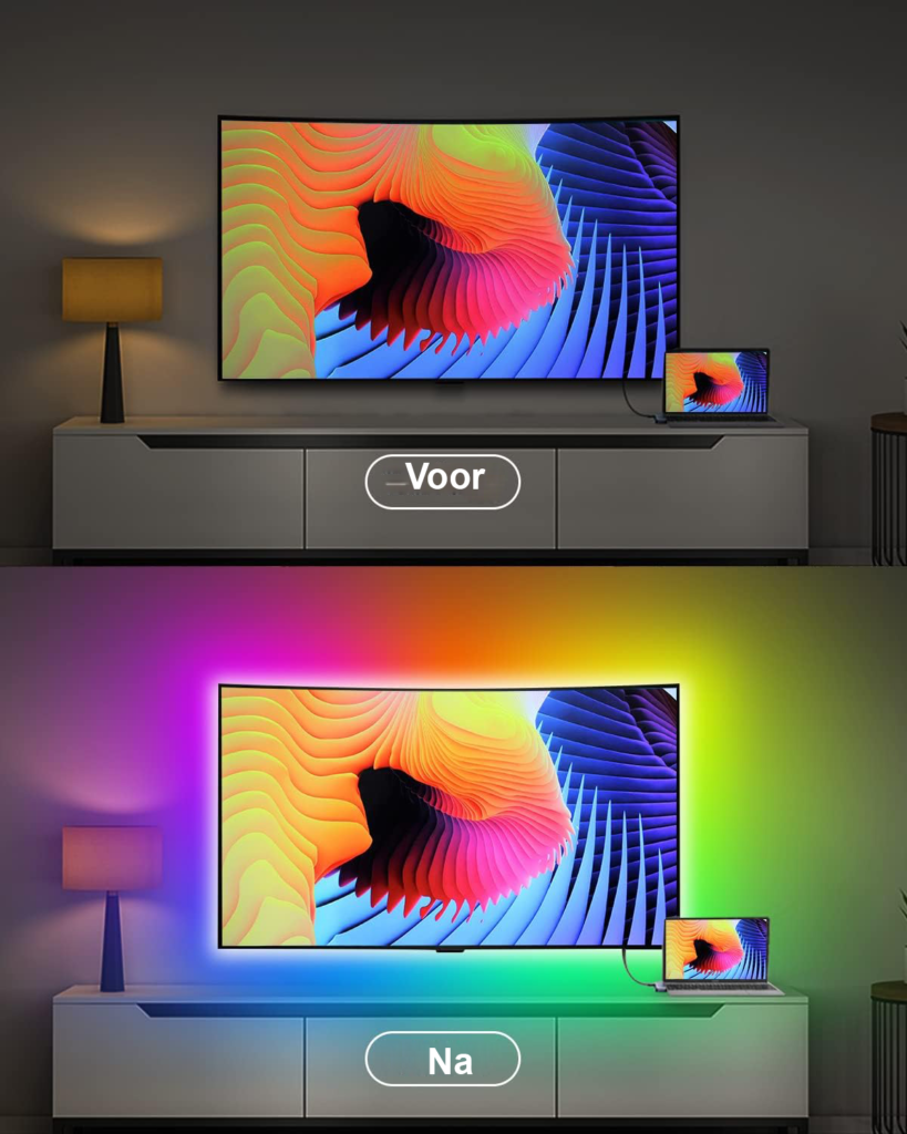 LED TV achtergrondverlichting 3m LED strip met RGBIC kleurverandering, app bediening, muzieksynchronisatie en USB aansluiting voor TV en monitoren