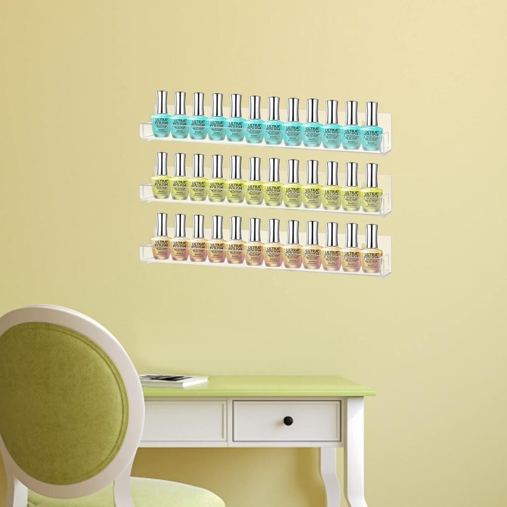 Nagellak Organizer Acryl 6 Pack - Muurbevestigde Nagellakplank voor 90 Flessen - Transparante Wanddisplay met Antislip Eindstukken 15 Inch