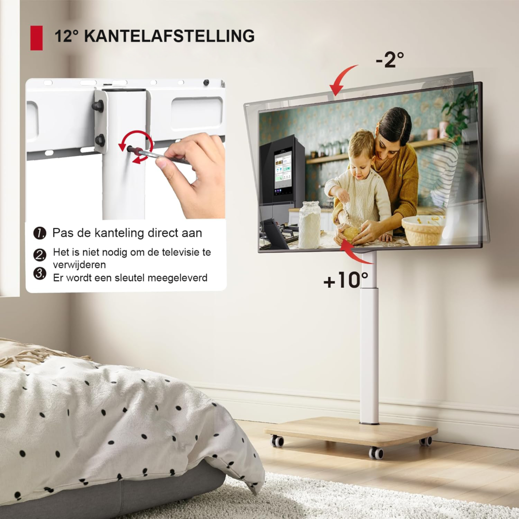 Verrijdbare TV standaard met houten plank voor 43-75 inch televisie, draaibare vloerstandaard met wielen en VESA ondersteuning