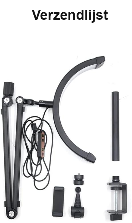LED video lamp 10W met dimbare halvemaanlamp, USB kabel en statief voor vloggen, make-up en schoonheidssalon