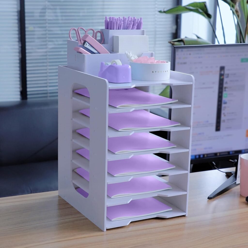 7 laags tray organizer voor A4 papier met stapelbare lades en penhouder in wit voor kantoor