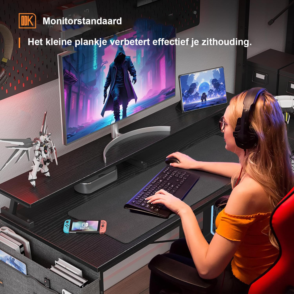 L-vormig hoekbureau zwart met USB oplaadpoort, stopcontact en monitorrek voor kantoor en thuis 120 x 80 x 88 cm