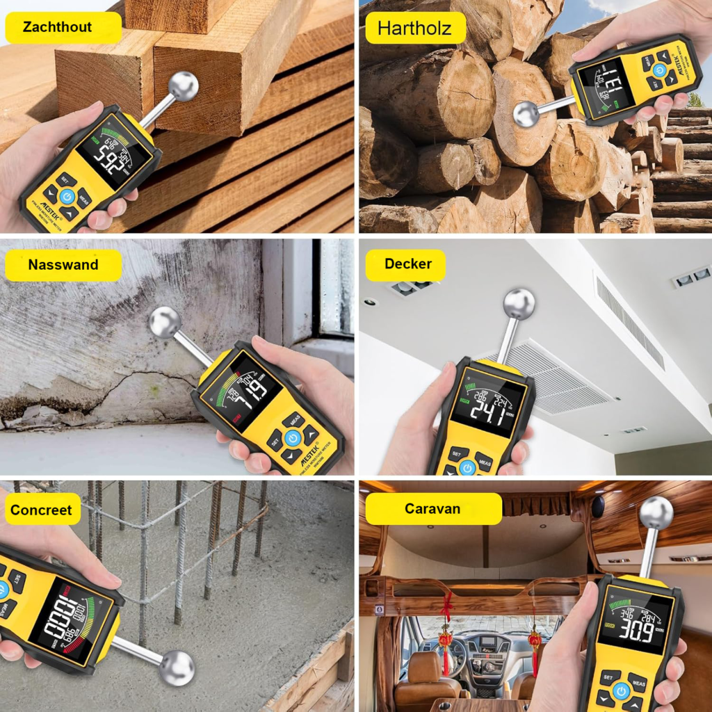 Digitale vochtmeter met LCD-display voor muren, vloeren en bouwmaterialen met 5-40 mm meetdiepte en geluidsalarm