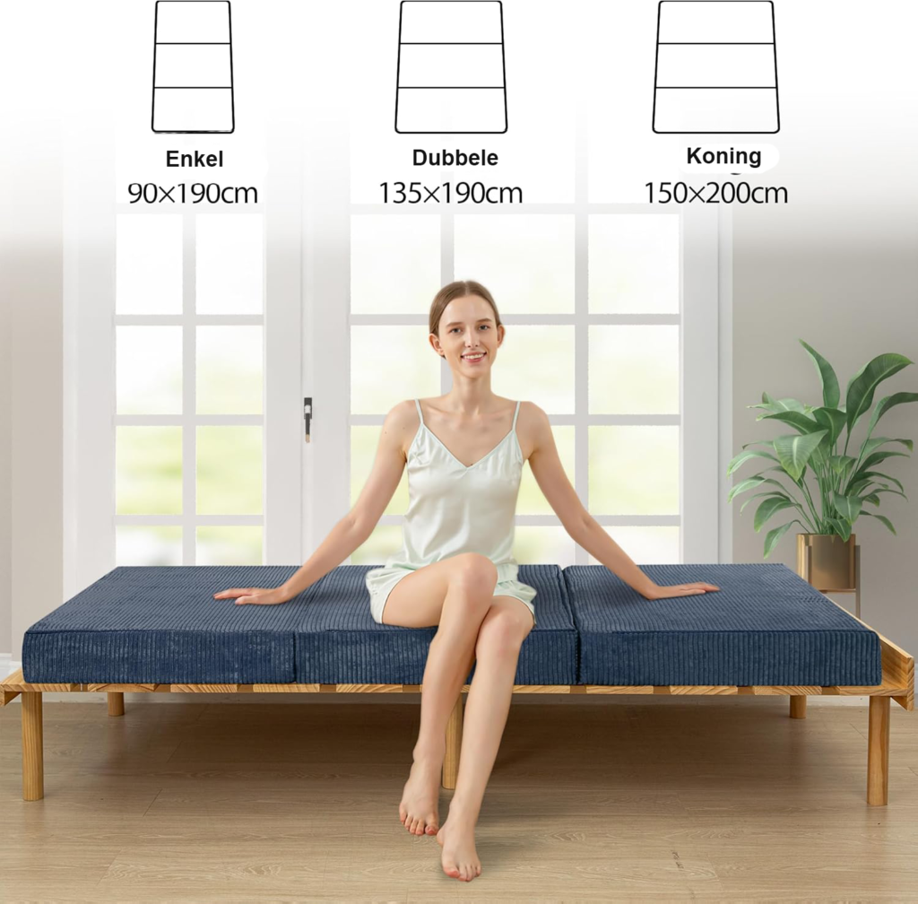 Opvouwbaar ribfluweel matras 10 cm dik met wasbare hoes voor logeren en slapen, tweepersoons vloermatras in blauwe steen kleur