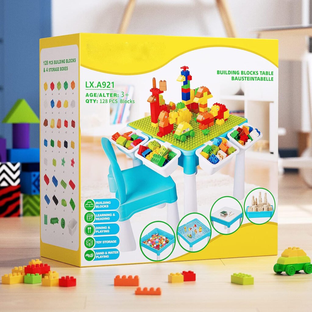 Activiteitentafel voor Kinderen 5-in-1 - Bouwspeeltafel met Opbergruimte en Stoel - 128 Grote Bouwblokken met Groene Basisplaat