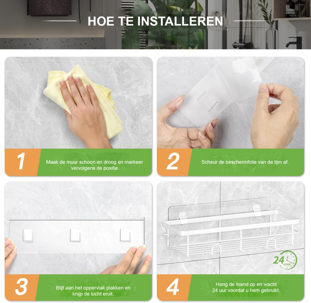 Doucheplank zonder boren wit met badkamer opbergrek voor shampoo en doucheaccessoires, set van 2 stuks