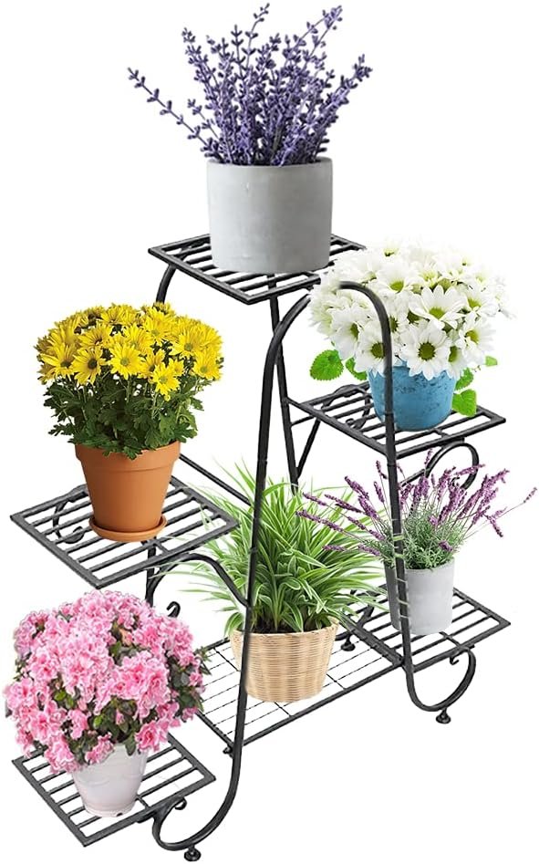Zwarte metalen plantenstandaard met 6 lagen voor binnen en buiten, bloemenrek voor meerdere planten en terras