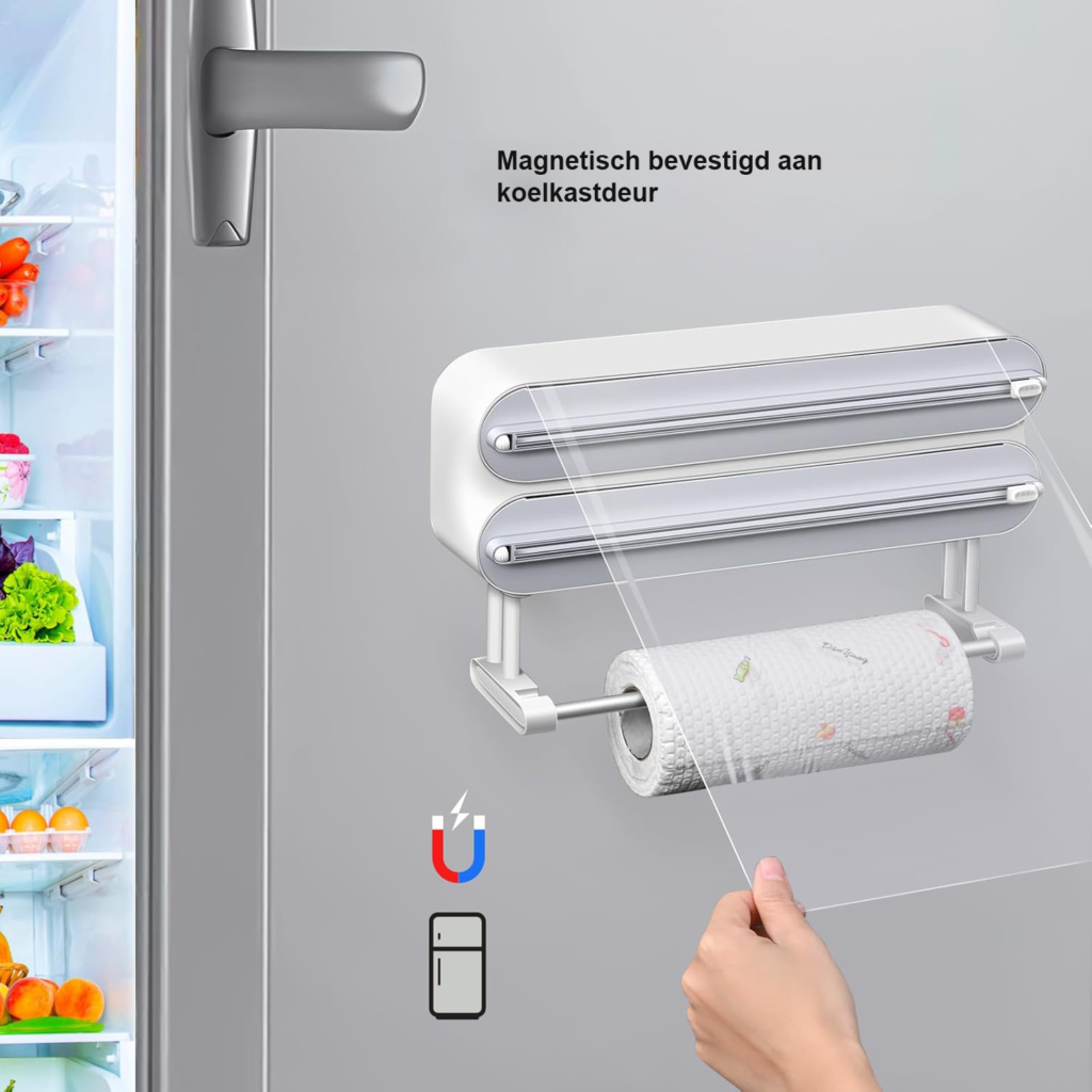 Wandrolhouder keuken met 3 rollen, foliedispenser met snijder en keukenpapierhouder voor vershoudfolie en aluminiumfolie