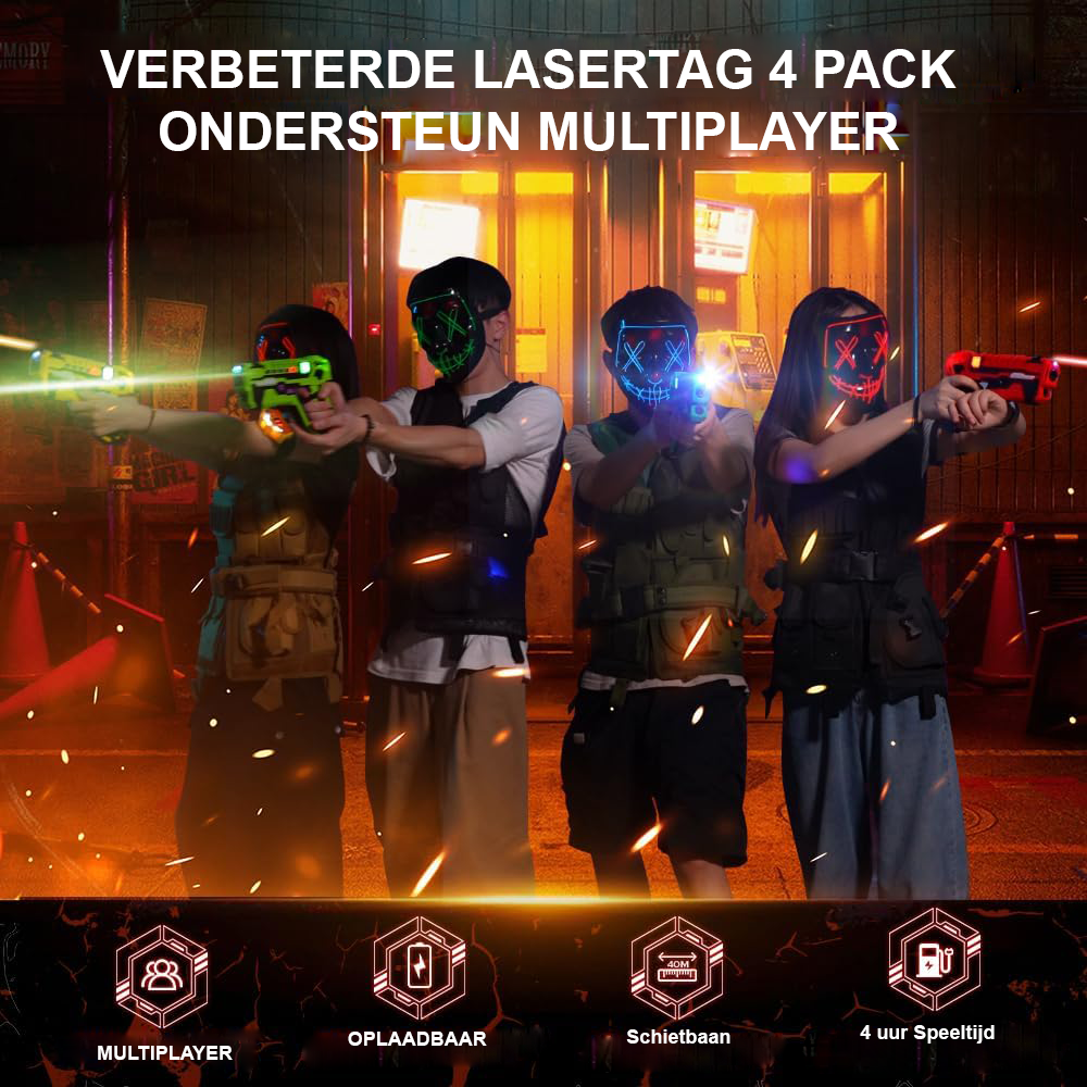 Oplaadbare laser tag geweren set voor 4 spelers met infrarood lasergeweren en oplaadstation