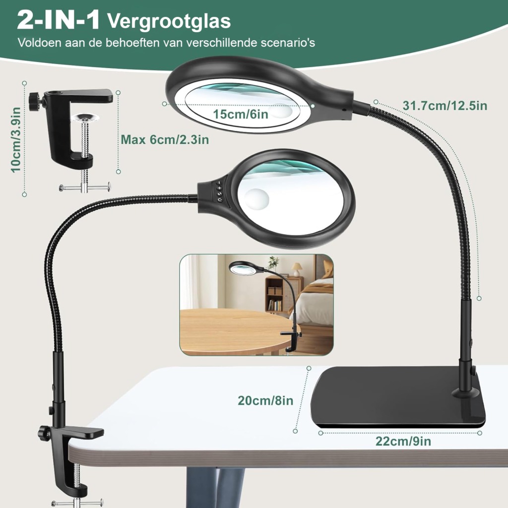 Vergrootglas met licht 10x 20x vergrootlamp handsfree 3 kleurenmodi flexibele gooseneck klem standaard