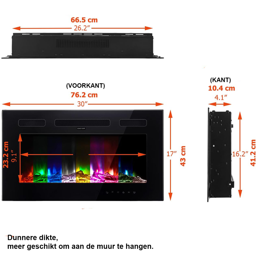 Elektrische haard zwart 76,2 cm met 12 vlamkleuren, wandmontage en vrijstaand, glazen touchscreen en afstandsbediening
