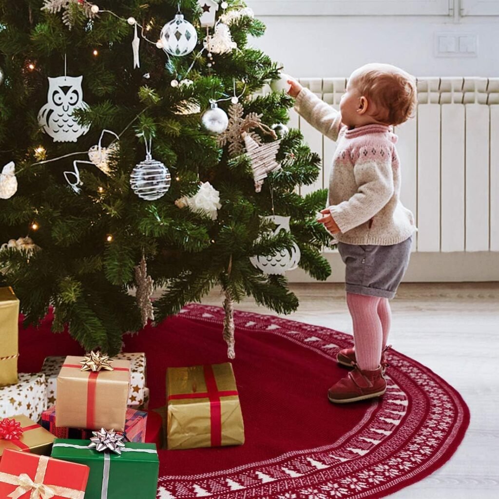 Kerstboomkleed 90 cm met kabelbrei patroon en sneeuwvlok decoratie voor kerstboom