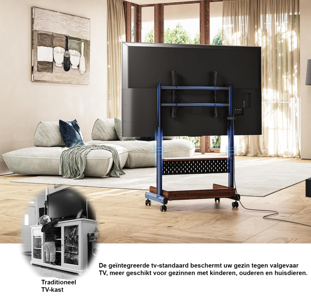 Mobiele TV standaard op wielen voor 40-85 inch tv met houten basis en verstelbare vloerstandaard