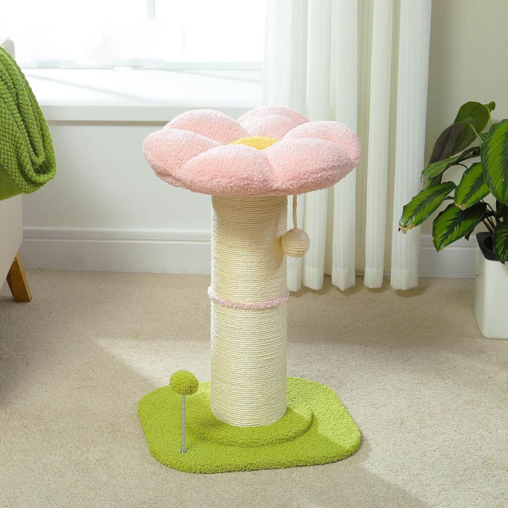 Katten Krabpaal met Bloemmotief - Kleine Kattenboom met Krabpaal en Kattenbed voor Binnenkatten - Sisal Krabmeubel met Veer en Speelballen - 60 cm Hoog, Roze