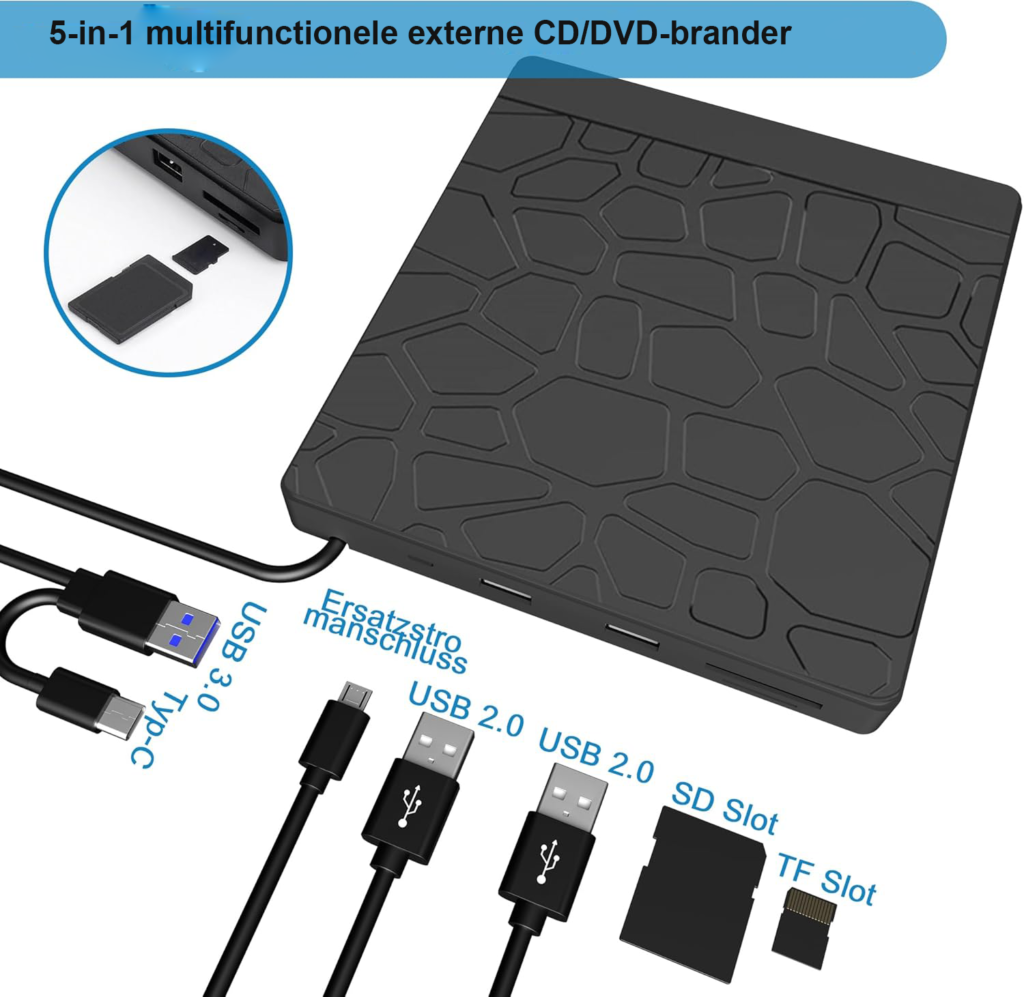 Externe CD/DVD speler met USB 3.0 en Type-C aansluiting, draagbare DVD brander met SD/TF kaartlezer voor laptop en MacBook