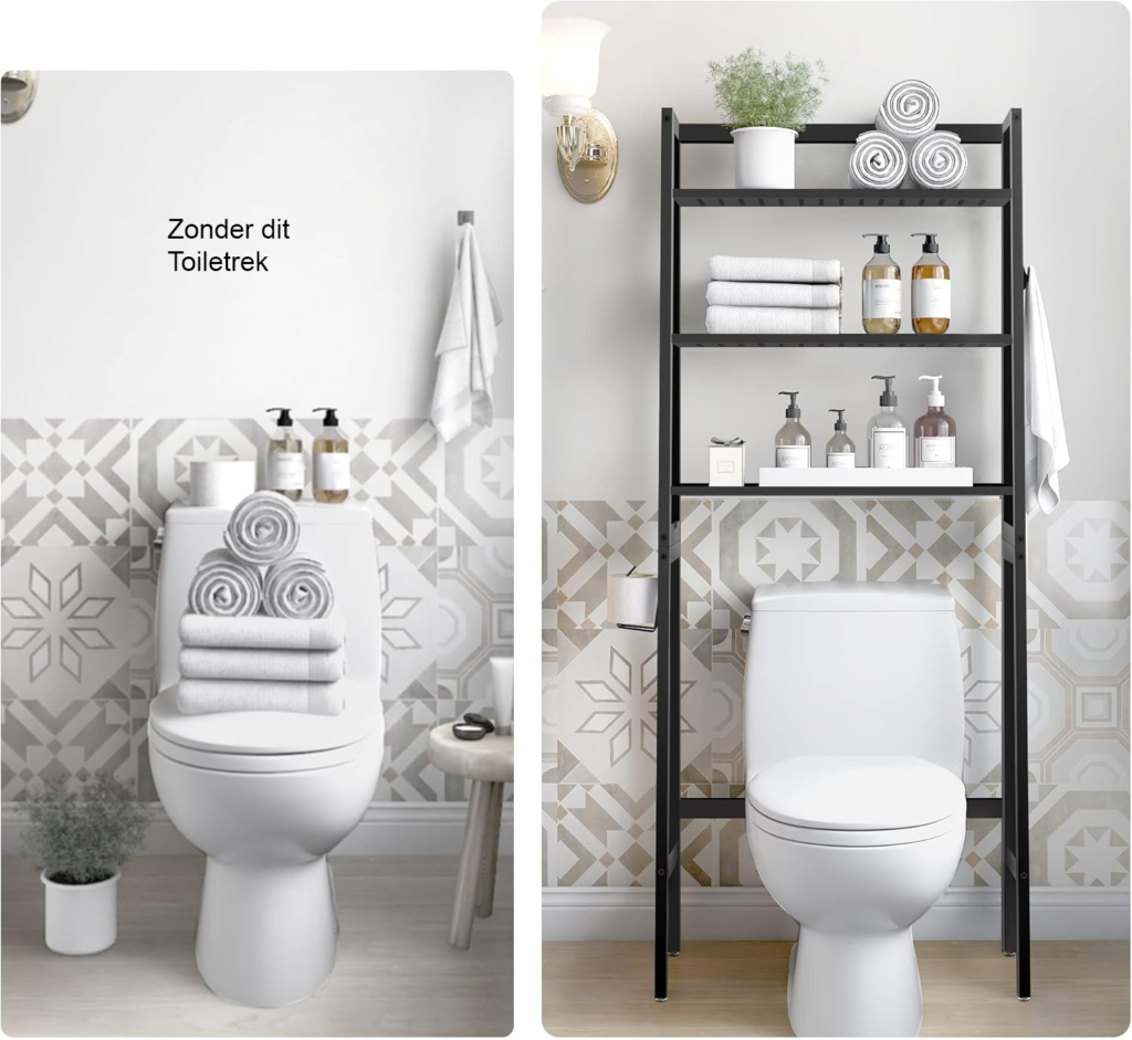Zwarte toilet plank met 3 lagen opslag en toiletpapierhouder voor boven het toilet