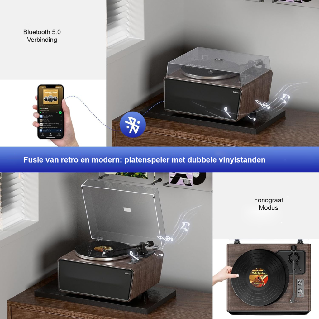 Platenspeler met Bluetooth en ingebouwde speakers hifi vinyl record player MM cartridge retro turntable