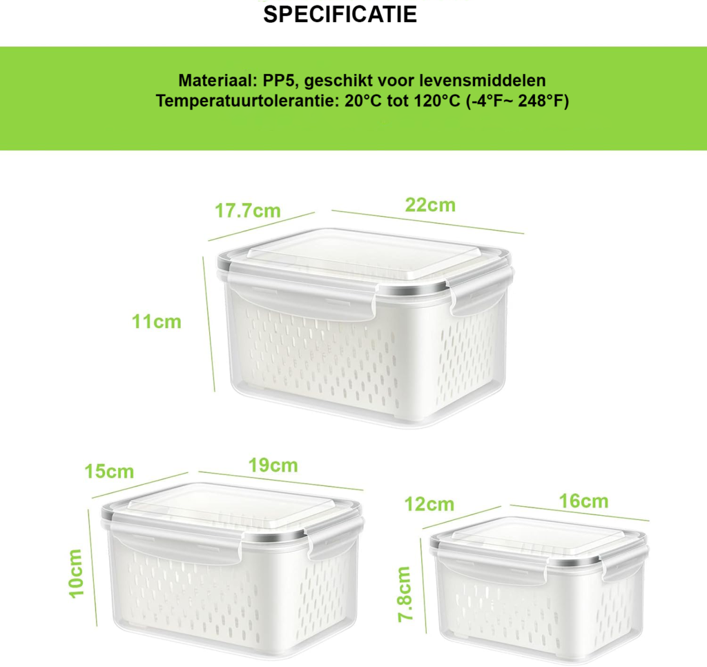 Luchtdichte koelkast organizer set van 3 met stapelbare opbergdozen, deksels en drainagemandjes voor groente en fruit