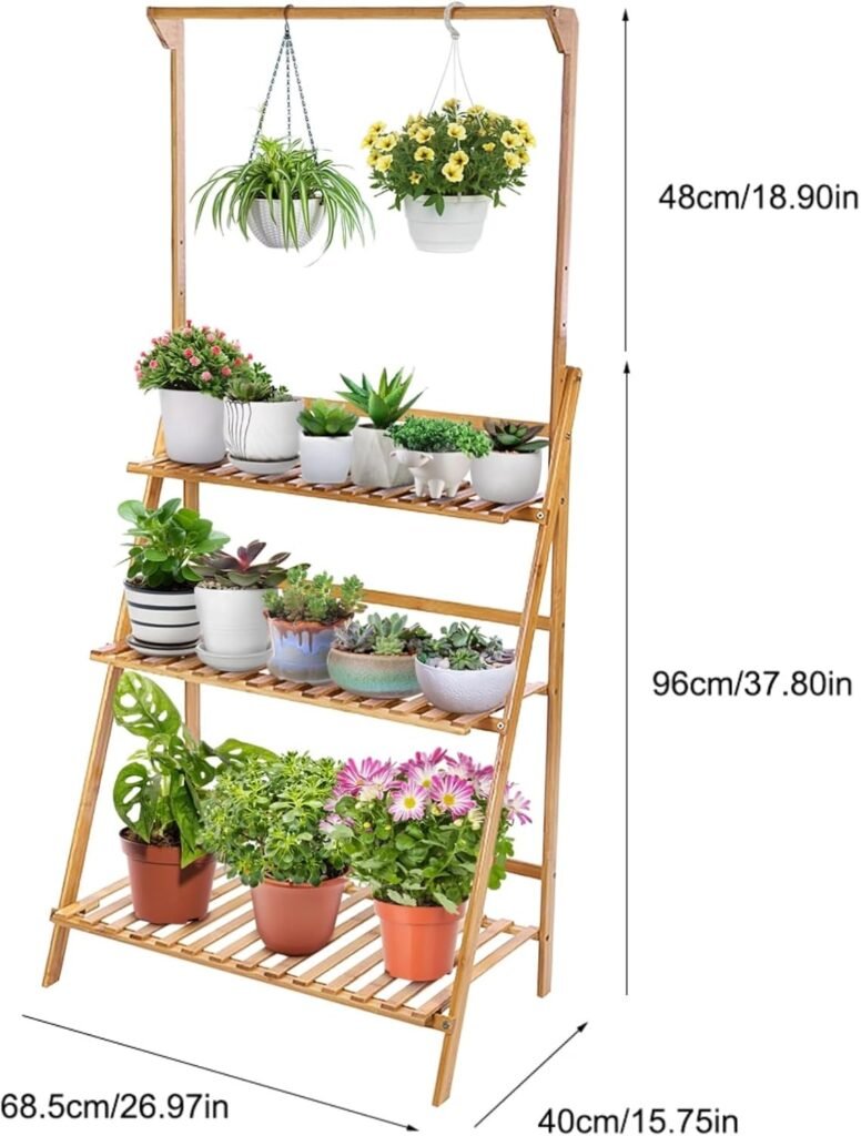 Bamboe plantenrek met verstelbare plantenstandaard en bloemenladder voor balkon en tuin