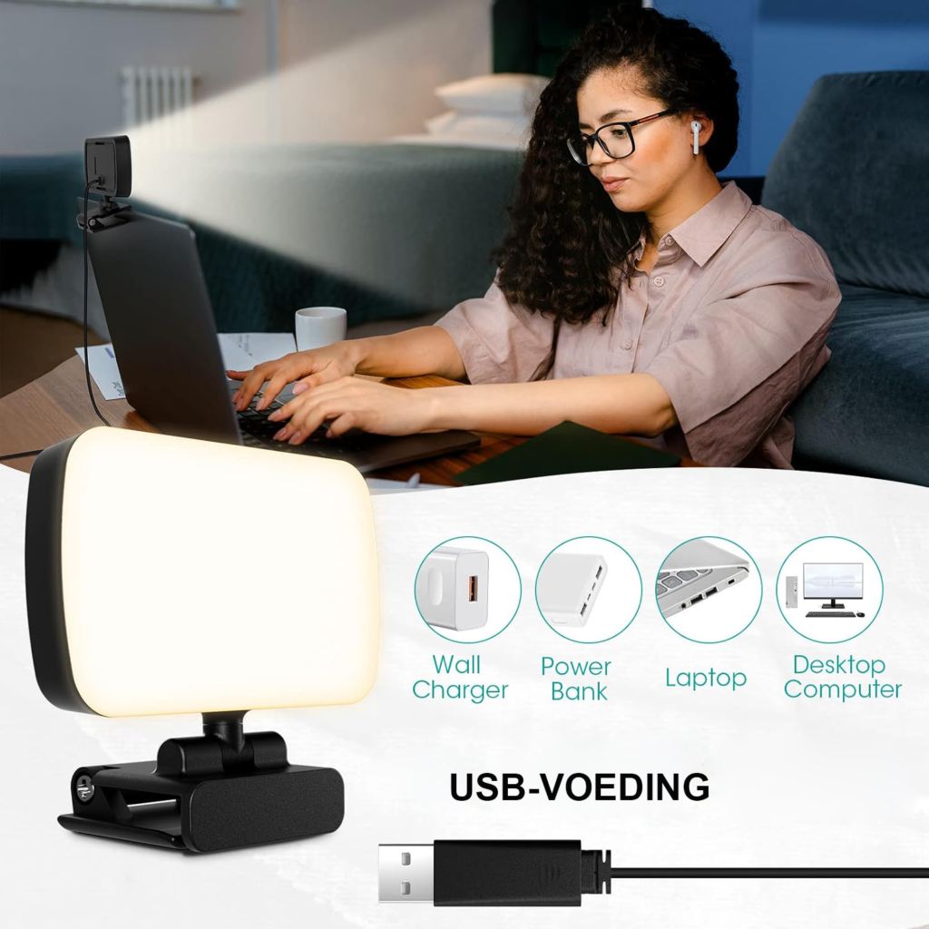 Video conferentie lamp met clip en USB, 120 LED's, 3 lichtkleuren, 10 helderheidsniveaus en 360° draaibare webcam verlichting voor pc, laptop, tablet en smartphone