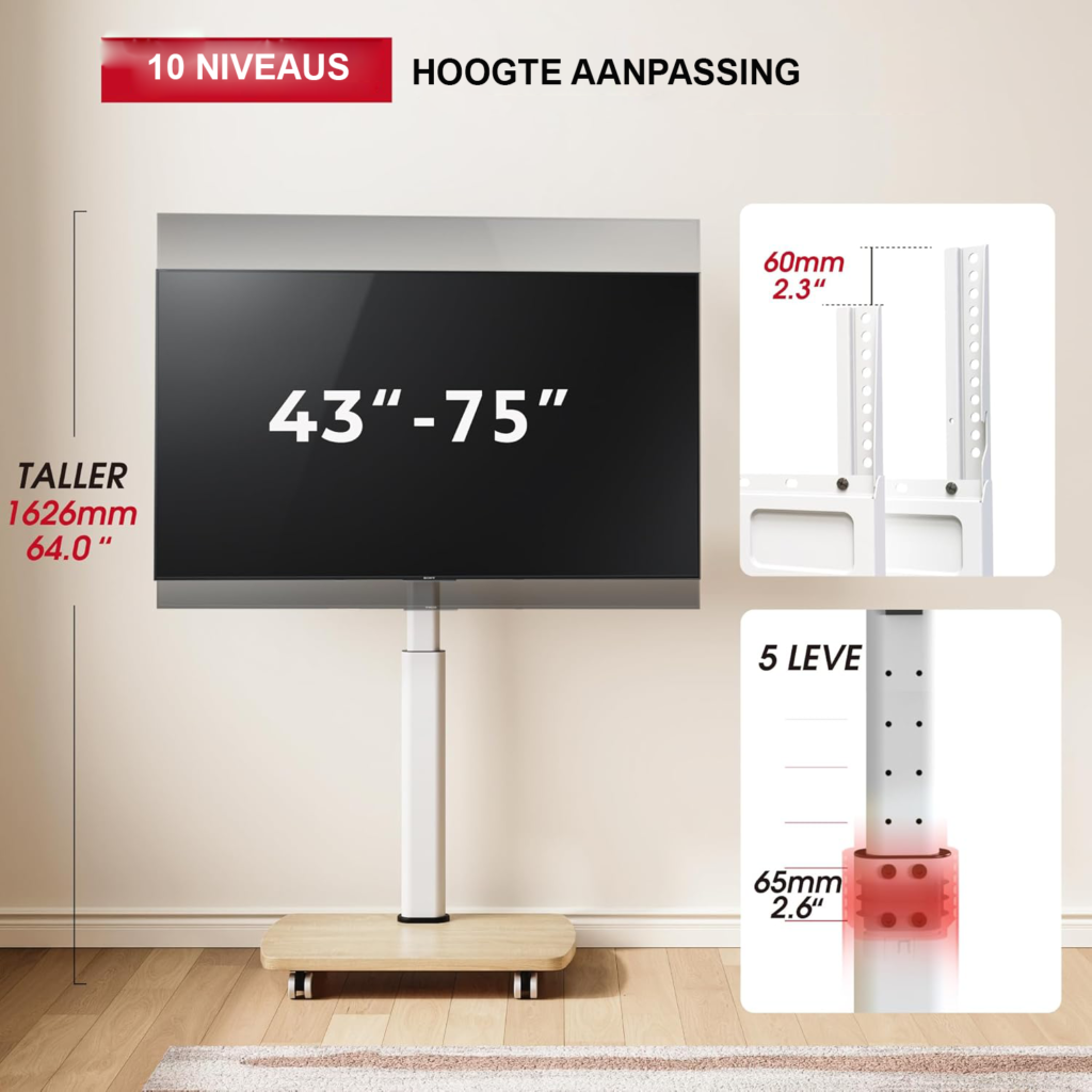 Verrijdbare TV standaard 43-75 inch - Draaibare vloerstandaard met houten plank - In hoogte verstelbaar met wielen - VESA tot 600x400 mm en 50 kg draagvermogen