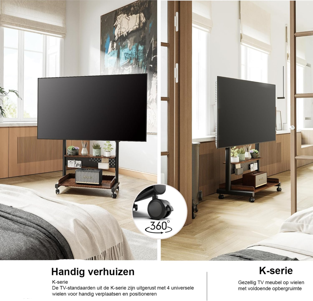 Mobiele TV standaard op wielen voor 40-85 inch tv met houten basis en verstelbare vloerstandaard