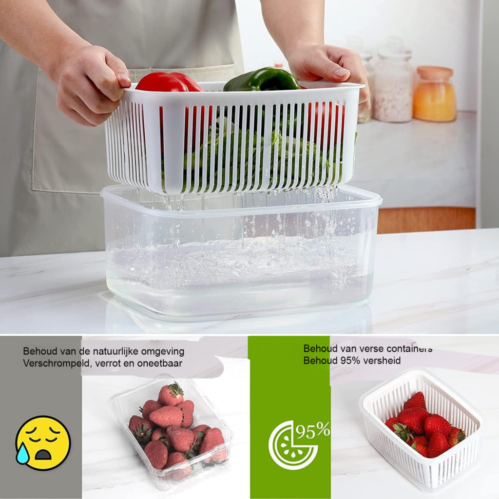 Set van 5 vershoudbakjes met vergiet voor koelkast, groenten, fruit en salades BPA-vrij en magnetronbestendig