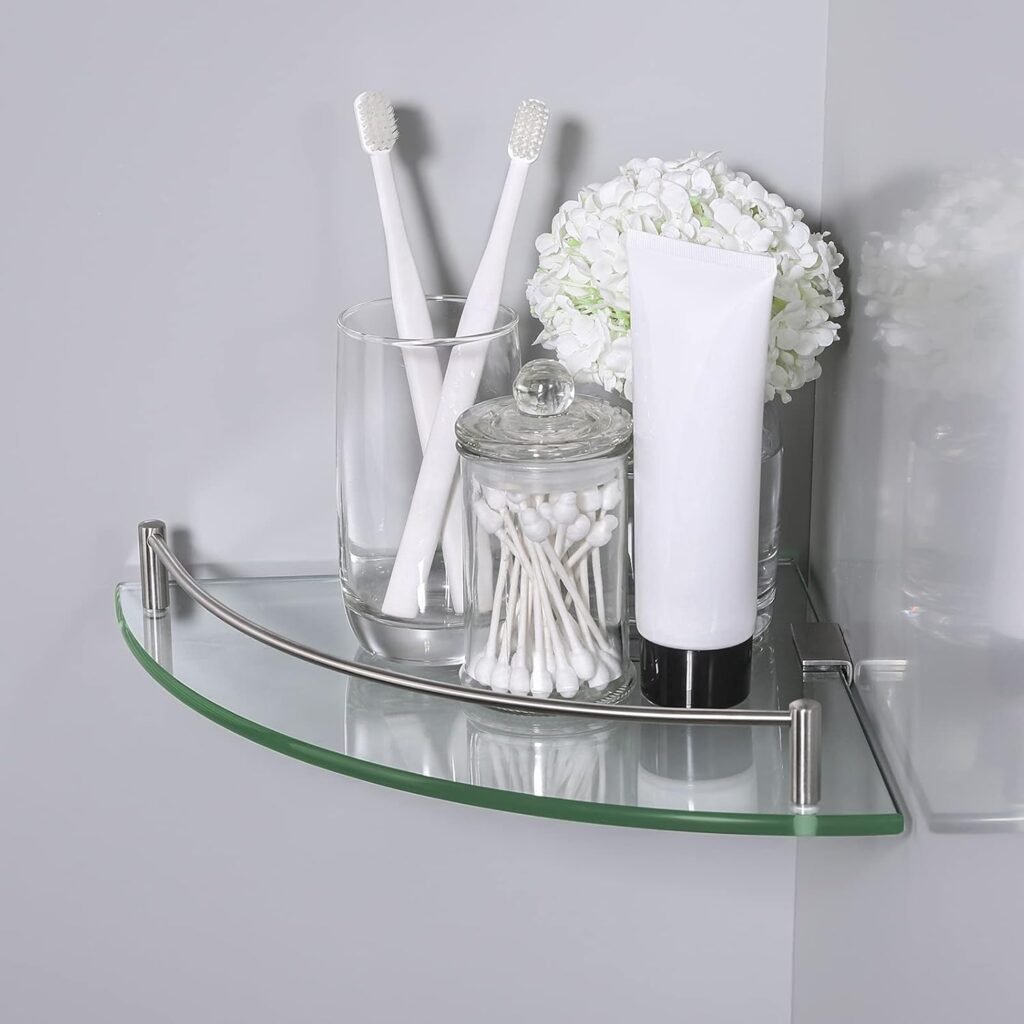 Hoekglasplank badkamer gehard glas - Doucheplank muurbevestigd met reling - Badkamer opbergsysteem staal - 7 mm glas hoekmodel