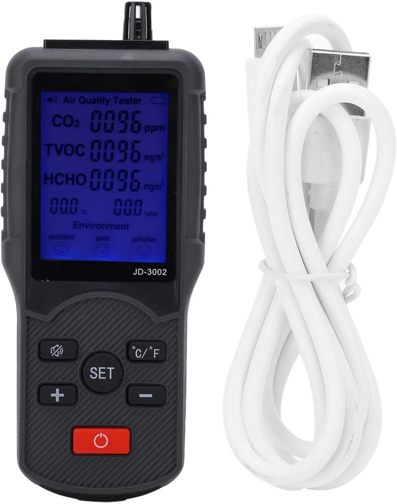 Luchtkwaliteitsmonitor met CO2 en TVOC detector voor temperatuur, vochtigheid en luchtkwaliteit meting binnen en buiten