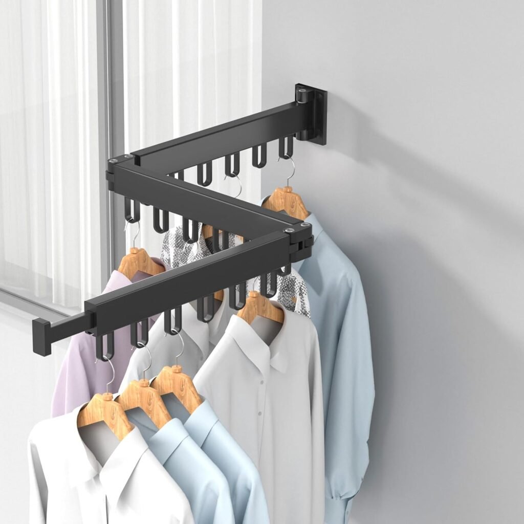 Opvouwbaar zwart wanddroogrek met haken voor kleding drogen binnen en buiten, 3-voudig ruimtebesparend ontwerp