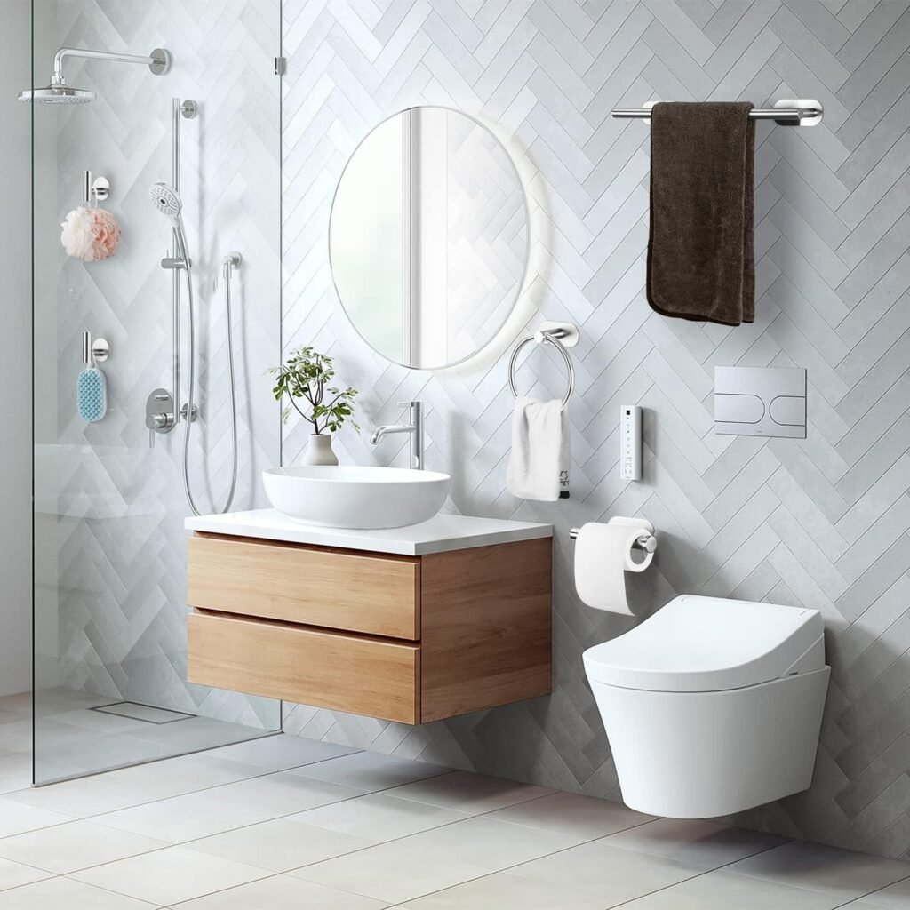 Handdoekrek set 5 stuks met handdoekrails, handdoekring, toiletpapierhouder en zelfklevende wandmontage badkameraccessoires in zilver