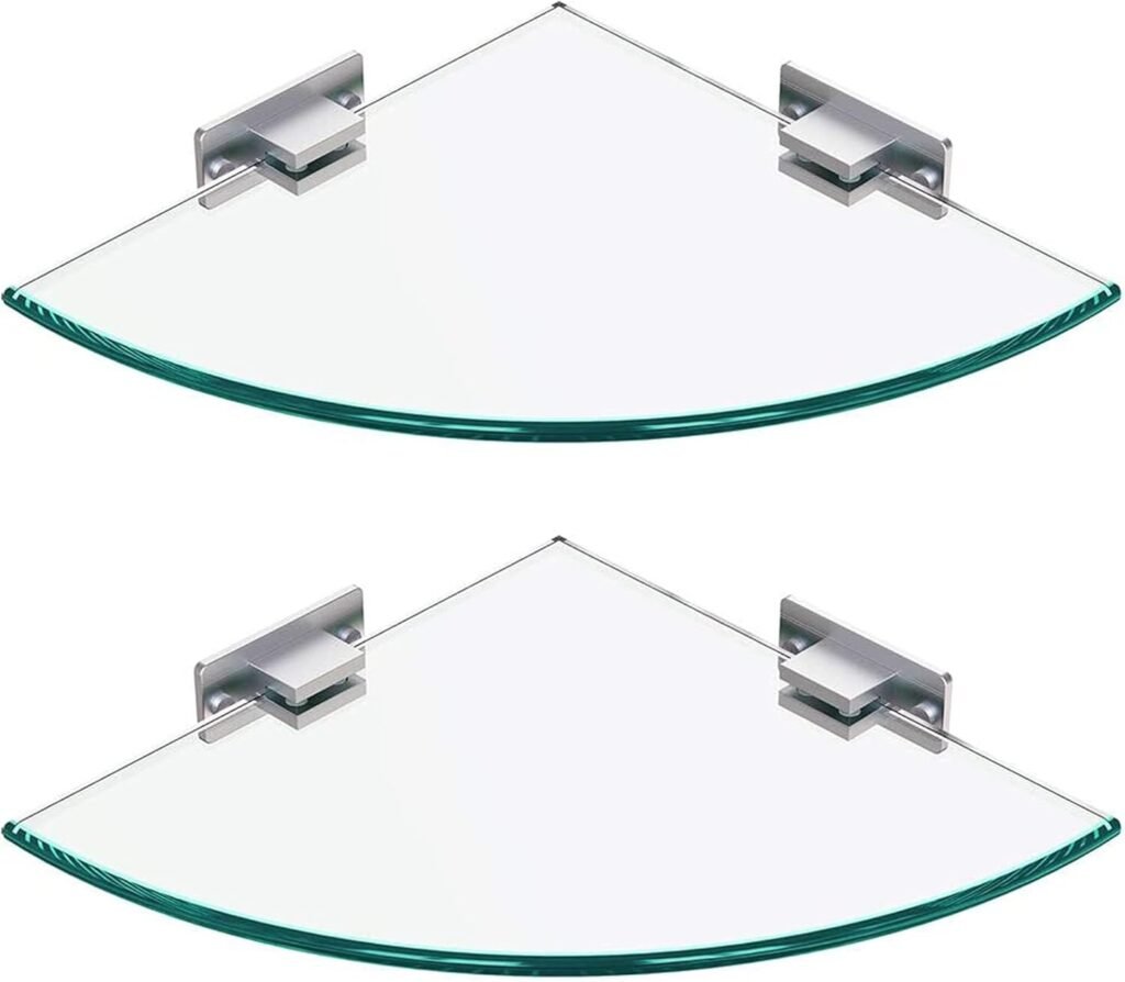 Badkamer glazen plank set 2 stuks met driehoekige douche caddy, gehard glas 8mm en aluminium wandbeugels voor shampoo en badkameraccessoires