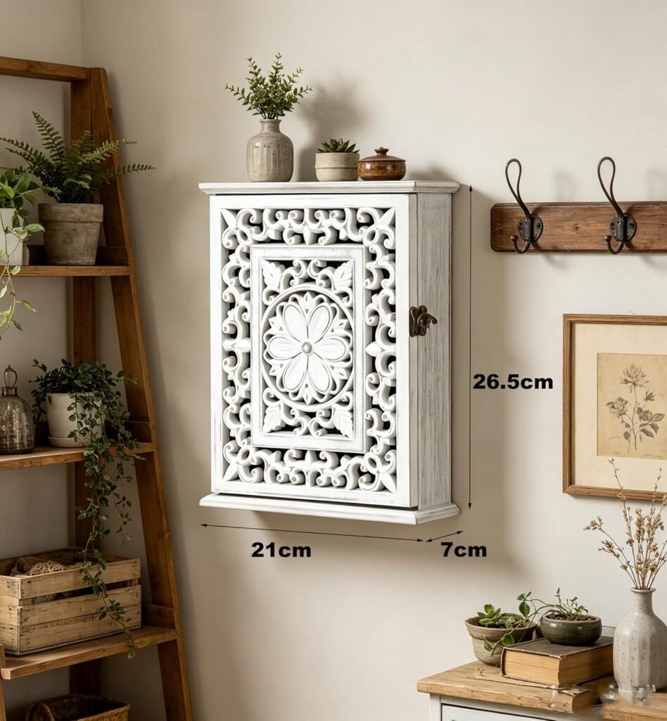 Witte houten sleutelkast met 6 haken voor sleutels in hal, entree en kantoor 27 x 21 x 7 cm