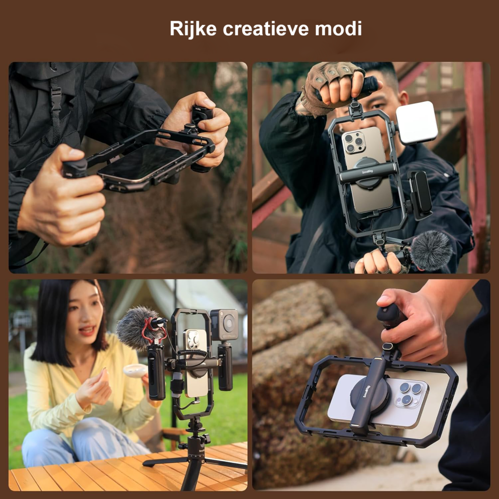 Smartphone video rig kit met LED en microfoon stabilizer voor vloggen quick release statief met dubbele handgrepen en powerbank houder voor stabiele smartphone video opname