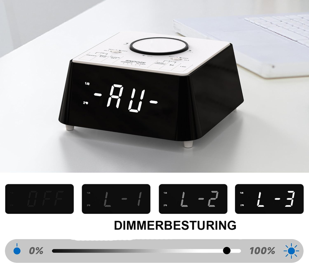 Draadloze oplaadbare wekkerradio met Bluetooth speaker, FM-radio, dubbel alarm, nachtlamp en dimbaar display