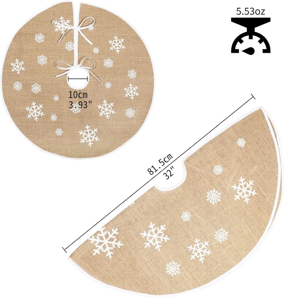 Jute kerstboomrok met sneeuwvlokken - kerstboom kleed vintage stijl - feestelijke boomdecoratie - 32 of 48 inch