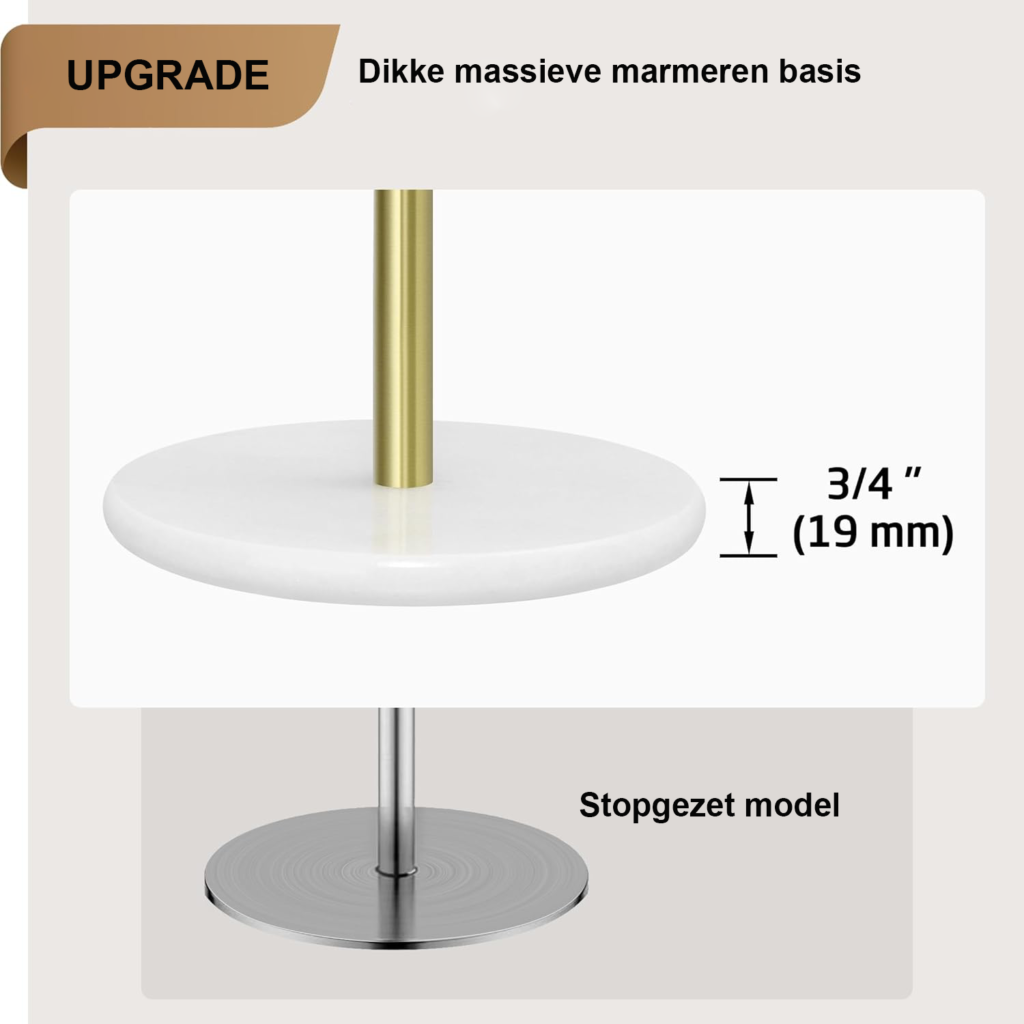 Keukenrolhouder RVS met marmeren basis in geborsteld goud voor standaard en jumbo keukenrollen