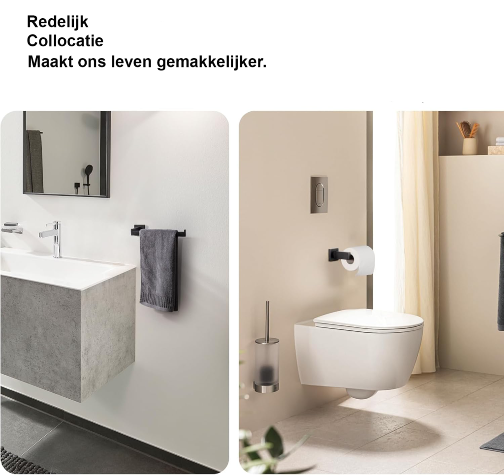 Wandgemonteerde handdoekrek set 5 stuks zwart met roestvrijstalen handdoekrails en toiletpapierhouder voor badkamer en keuken