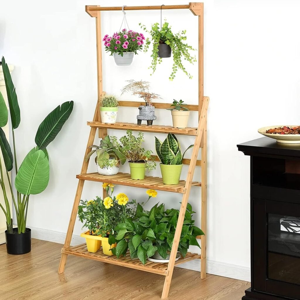 Bamboe plantenrek met verstelbare plantenstandaard en bloemenladder voor balkon en tuin
