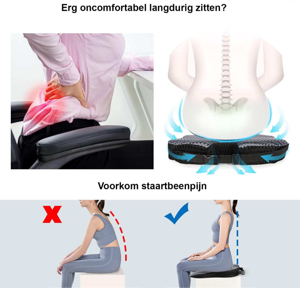 Memory foam autostoel kussen met ergonomisch wigkussen voor auto, bureaustoel en rolstoel