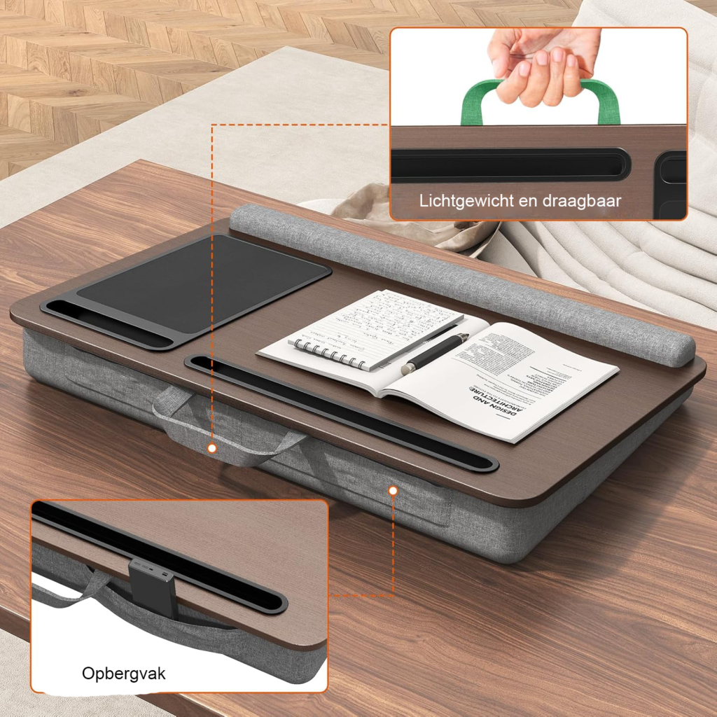Lapdesk voor laptop tot 17,3 inch met muismat, polssteun en houders voor tablet en telefoon, draagbare laptopstandaard voor thuis en kantoor