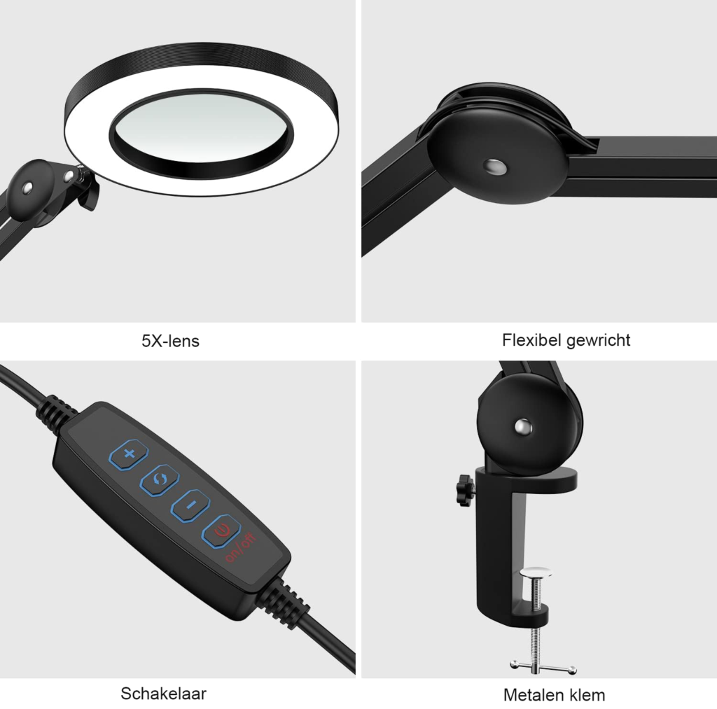 LED Vergrootglas Lamp 5 Diopter - Bureau Lamp met Glazen Lens en Dimbare Verlichting - 3 Kleurmodi voor Werkplek en HobbyDe LED vergrootglas lamp is de perfecte keuze voor iedere werkplek die vraagt om precisiewerk en helder zicht. Of je nu een hobbyist bent die met breien, modelleren of sieraden werkt, of een professional die een fijne werkplek vereist, deze lamp biedt alles wat je nodig hebt. De grote vergrootglas lens van 125 mm, gecombineerd met dimbare LED-verlichting in drie verschillende kleurmodi, maakt dit product ideaal voor een breed scala aan toepassingen. Van het lezen van kleine letters tot het uitvoeren van reparaties, met deze lamp wordt alles kristalhelder en gedetailleerd weergegeven.  Voordelen  Dimbare LED-verlichting met 3 kleurinstellingen.  Grote 125mm lens voor een gedetailleerd en vergroot beeld.  5-diopter optische vergroting voor helder zicht.  Handige klemstandaard voor ruimtebesparing.  Robuuste en aanpasbare arm voor flexibel gebruik.  USB-verbinding voor gemak en mobiliteit.  Energiezuinige verlichting met lage verbruikskosten.  Grote 125mm 5-Diopter Vergrootglas Lens De vergrootglas lamp is uitgerust met een grote lens van 125 mm, die zorgt voor een vervormingsvrij en vergroot beeld van objecten. De 5-diopter vergroting is ideaal voor veel verschillende werkzaamheden zoals modelleren, breien, knutselen, en het inspecteren van gedetailleerd werk. Deze lens biedt een uitstekend compromis tussen vergroting en de mogelijkheid om het volledige werkoppervlak goed te overzien. Dankzij de grote lens heb je een breder zichtveld, waardoor het gemakkelijker is om meerdere objecten tegelijk te inspecteren of te werken.  Dimbare Verlichting met 3 Kleurinstellingen De lamp is uitgerust met 120 energiezuinige LED's die kunnen worden aangepast naar drie verschillende kleurinstellingen: warm geel, koud wit en een neutrale kleurtemperatuur. Dit stelt je in staat om het licht aan te passen aan je werkbehoeften, of je nu gedetailleerd wilt werken met warme verlichting of koelere verlichting nodig hebt voor een beter contrast. Daarnaast is de helderheid dimbaar, zodat je de intensiteit van het licht kunt afstemmen op de specifieke taak die je uitvoert.  Flexibele en Stabiele Arm De lamp is voorzien van een robuuste, in hoogte verstelbare arm die 220° kan draaien en 360° rotatie mogelijk maakt. Dit biedt een enorm werkbereik van 20 cm tot 100 cm, waardoor je de lamp in de ideale positie kunt plaatsen voor optimaal zicht. De stevige arm zorgt ervoor dat de lamp stabiel blijft, zelfs bij het aanpassen van de positie. Dit voorkomt bewegingen of wiebelen, wat essentieel is voor gedetailleerd werk.  Ruimtebesparend Ontwerp met Klemstandaard Met de klemstandaard kun je de lamp eenvoudig vastzetten op een bureau of werkplek tot een dikte van 8 cm. Dit bespaart waardevolle ruimte op je werkoppervlak en maakt het mogelijk om de lamp op verschillende plaatsen te gebruiken. De stevige klem zorgt ervoor dat de lamp veilig en stabiel blijft, zelfs als je de positie aanpast. Dit maakt het een ideale oplossing voor kleinere werkplekken waar ruimte schaars is.  Super Draagbaar en USB-aansluiting De lamp wordt geleverd met een USB-kabel, waarmee je de lamp gemakkelijk kunt aansluiten op een computer, powerbank, adapter of direct op een stopcontact. Dit maakt de lamp bijzonder draagbaar en praktisch voor verschillende werkplekken, of je nu thuis werkt of onderweg bent. De USB-aansluiting biedt meer flexibiliteit en zorgt ervoor dat je altijd de juiste verlichting hebt, waar je ook bent.  Verpakkingsinhoud  1x LED Vergrootglas Lamp met klemstandaard  1x USB-kabel voor aansluiting  1x Handleiding  Product Specificaties  Vergrootglas lens van 125 mm  5-diopter vergroting  120 LED-lampjes  Dimbare verlichting met 3 kleurinstellingen (warm geel, koud wit, neutraal)  Verstelbare arm met 220° verticale en 360° draaibare positie  Klemstandaard geschikt voor oppervlakken tot 8 cm dik  Energiezuinige LED-lampen (energieklasse F)  USB-aansluiting voor voeding  Ideaal voor hobbyisten, modelbouwers, sieradeninspectie, breien, reparaties, en meer  Met deze veelzijdige en robuuste vergrootglas lamp kun je met gemak allerlei fijne details inspecteren of projecten uitvoeren die een hoge precisie vereisen. Maak jouw werkplek compleet met de LED vergrootglas lamp en ervaar het verschil in helderheid en gemak! Bestel nu en geef je werkplek een boost in efficiëntie en comfort!