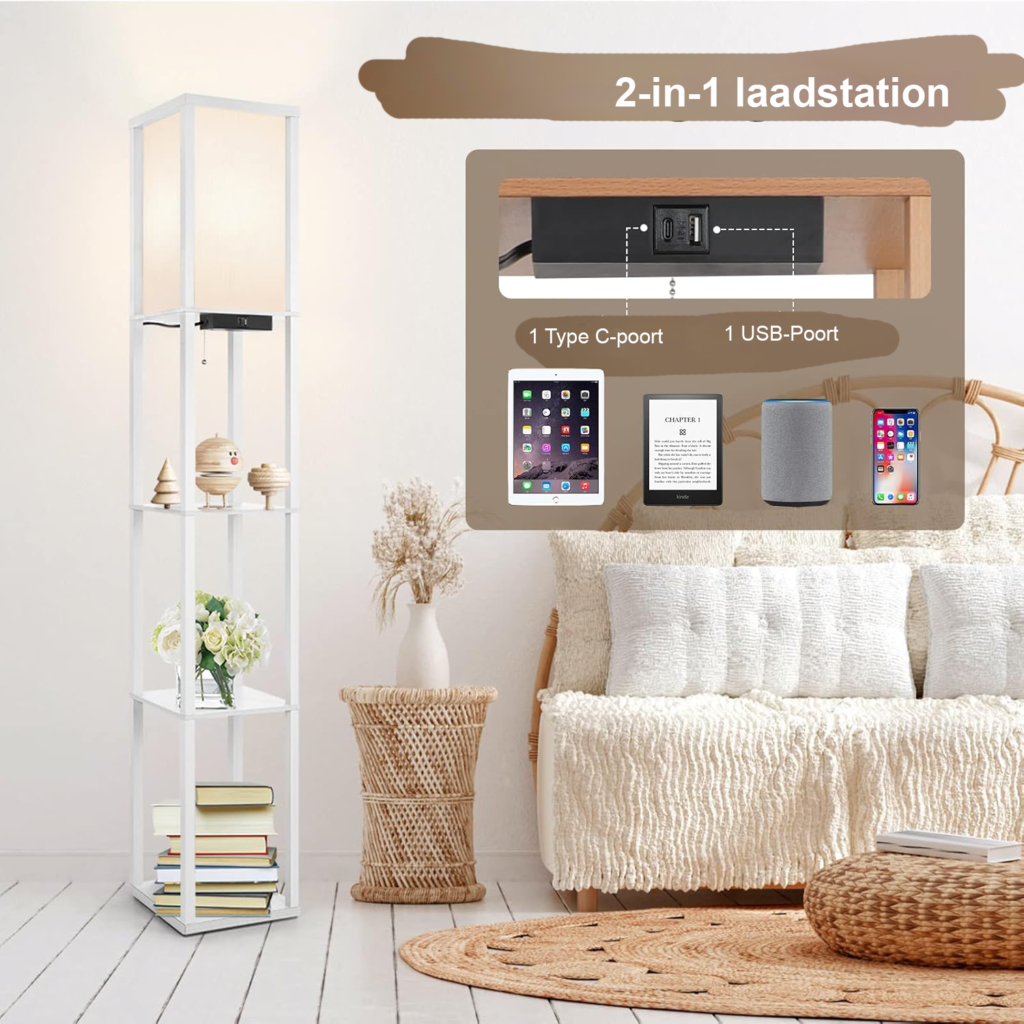 Dimbare LED vloerlamp met planken, afstandsbediening, USB en Type-C oplaadpoort voor woonkamer en slaapkamer