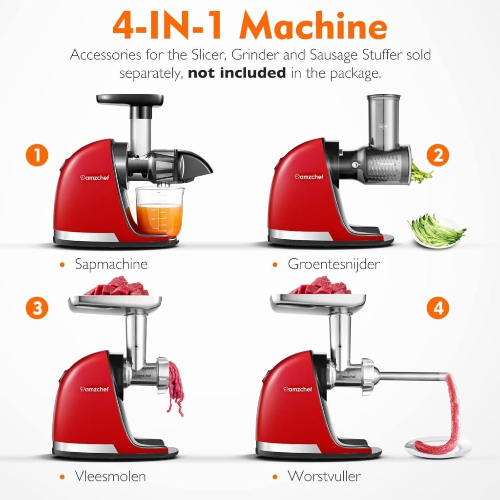 Slow juicer rood voor koud persen van fruit en groenten met 2 bekers en borstel