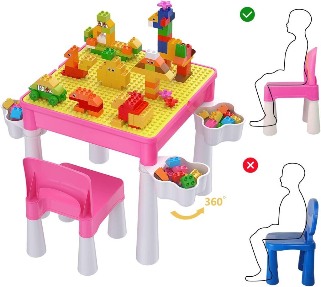 Roze peuter tafel en stoel set met activiteitstafel en 128 creatieve bouwstenen voor kinderen vanaf 2 jaar