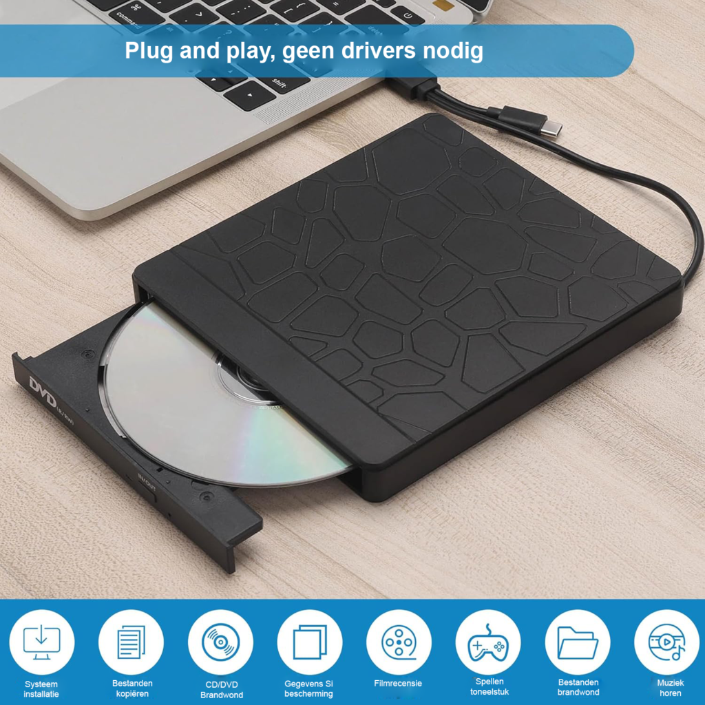 Externe CD/DVD speler met USB 3.0 en Type-C aansluiting, draagbare DVD brander met SD/TF kaartlezer voor laptop en MacBook
