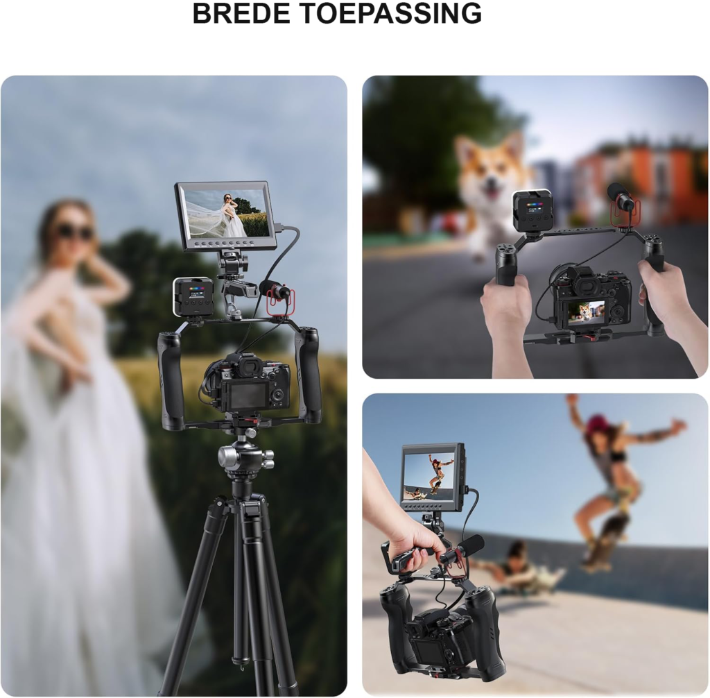 Video camera cage met dubbele handgrepen, Arca quick release plaat en schroefdraad voor DSLR en videocamera’s